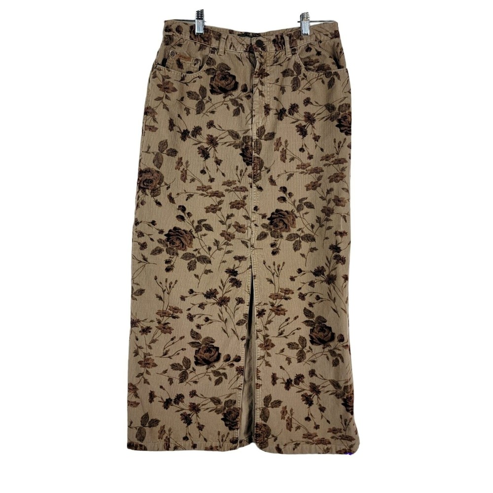 Eddie Bauer Brown Floral Corduroy Long Skirt Front Slit Women's Size 8